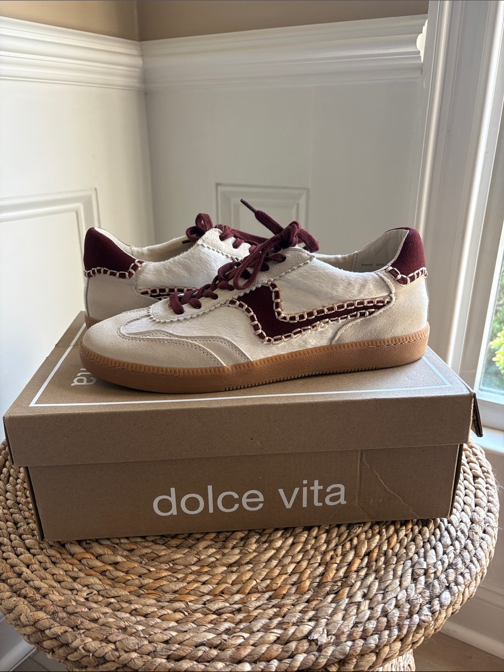 Dolce Vita Cream Sneakers with Burgundy Trim and Laces and white calf hair
